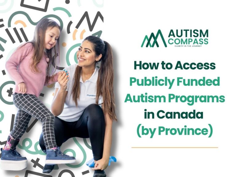 Illustration of a physiotherapist helping a young girl with therapy exercises beside the title "How to Access Publicly Funded Autism Programs in Canada (by Province)" and the Autism Compass Logo