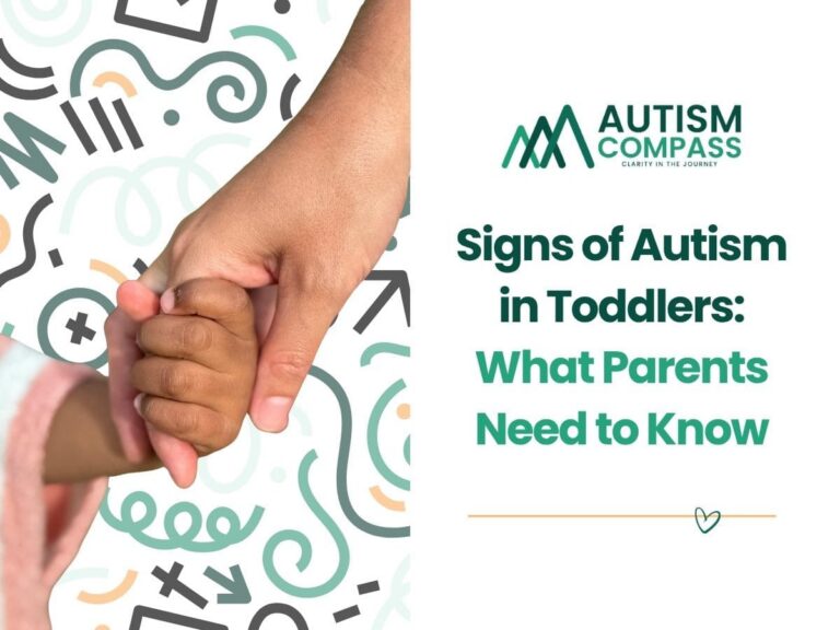 Parent holding a young child's hand beside the title "Signs of Autism in Toddlers: What Parents Need to Know" on an Autism Compass article graphic.