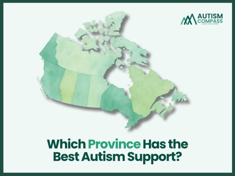 Map of Canada illustrating a comparison of autism support services, funding, and resources across provinces and territories.