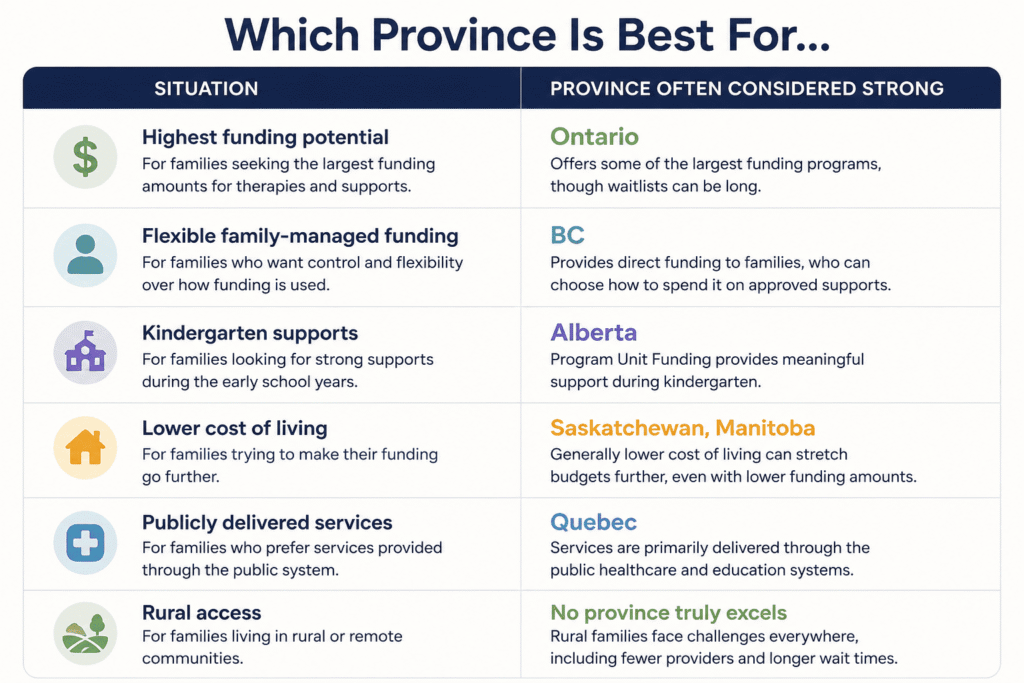 Comparison chart showing which Canadian provinces are often considered strongest for autism support, including Ontario for funding, BC for family-managed funding, Alberta for kindergarten supports, Saskatchewan and Manitoba for affordability, and Quebec for publicly delivered services.